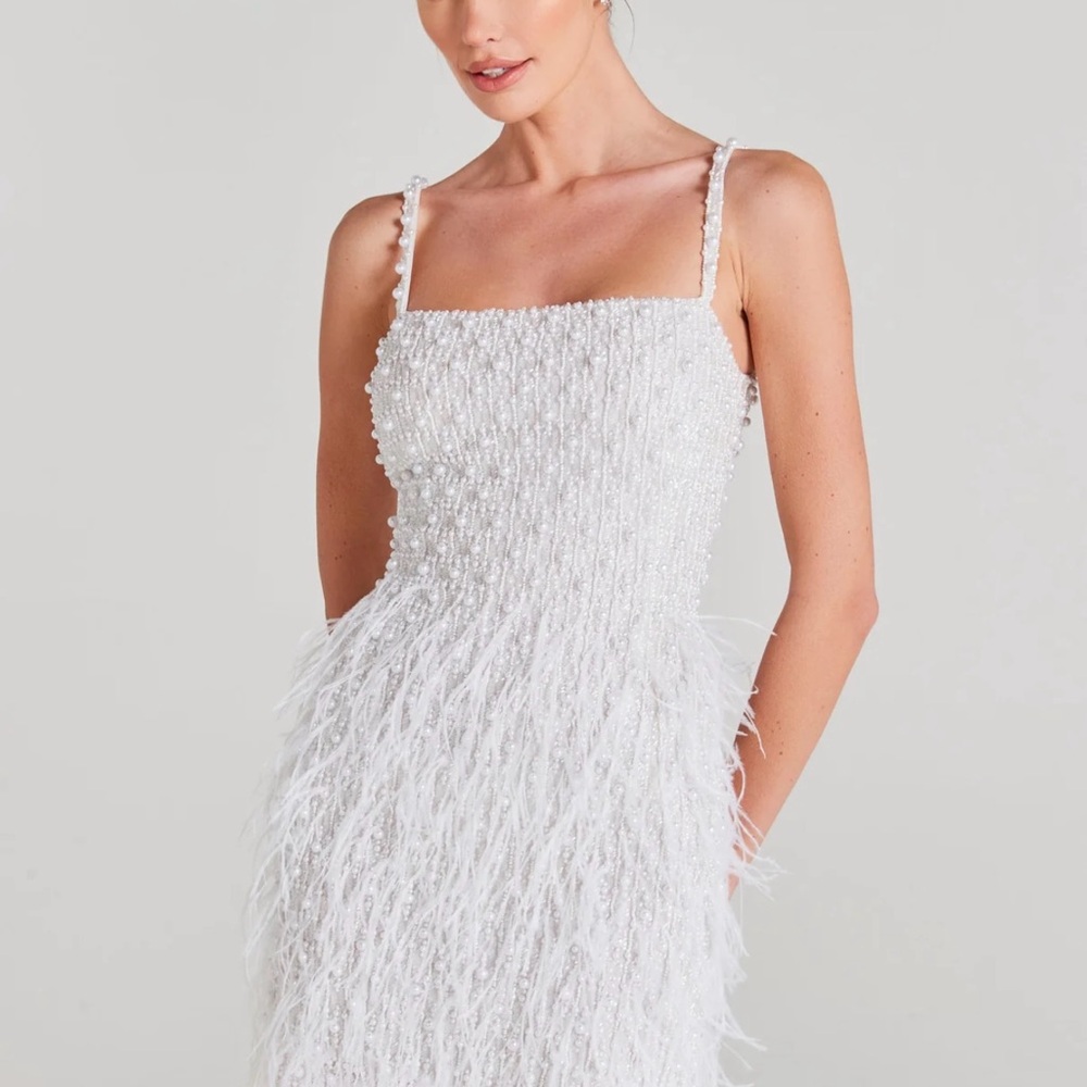 NADINE MERABI White Beaded Feather-Trim Midi Dress